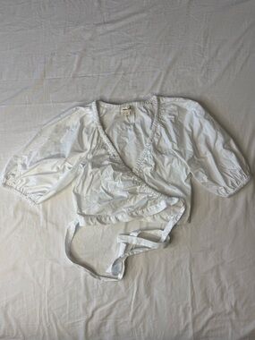Open Edit White Wrap Tie Puff Sleeve Blouse Top Sz S Cottagecore Romantic